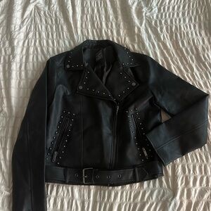Black Studded + Belted Faux Leather Jacket